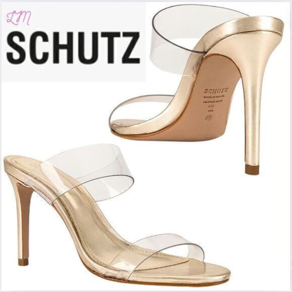 SCHUTZ Metallic Gold Clear PVC Two-Band Stiletto Heels